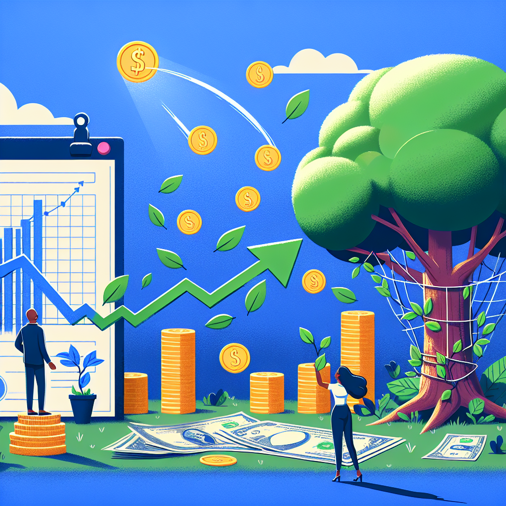 Illustration showing financial growth with charts, coins, and a money tree, symbolizing website redesign benefits for busines