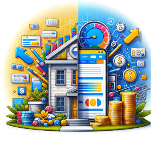 Digital illustration depicting real estate investment with a house, smartphone, charts, and currency symbols to symbolize fin