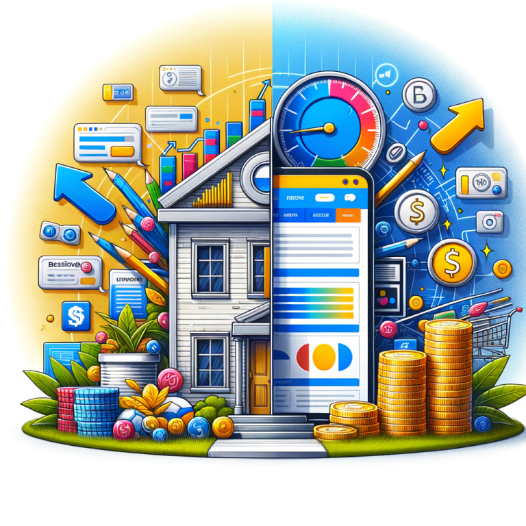 Digital illustration depicting real estate investment with a house, smartphone, charts, and currency symbols to symbolize fin