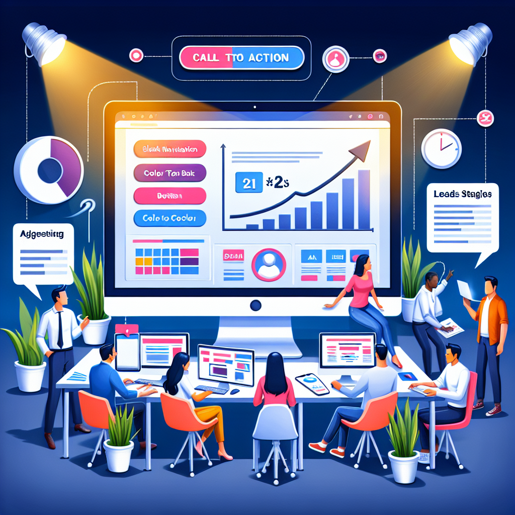 Digital marketing team reviewing data and optimizing call-to-action strategies on a large screen for lead generation.