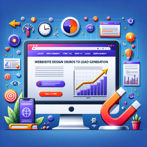 Illustration of website design and SEO strategies featuring charts and digital marketing icons for lead generation.