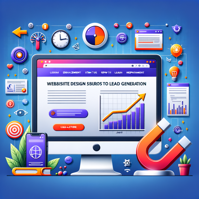 Illustration of website design and SEO strategies featuring charts and digital marketing icons for lead generation.
