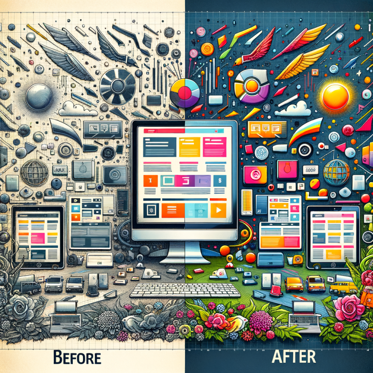 Before and after image showcasing vibrant website redesign benefits for enhancing online business presence.