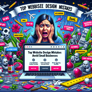 Colorful illustration depicting common website design mistakes for small businesses to avoid.